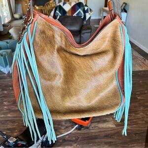 Ariat Tan and Turquoise Fringe Hobo Bag